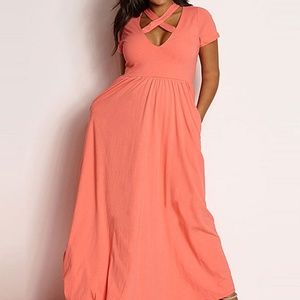 Never worn* coral crisscross maxi dress